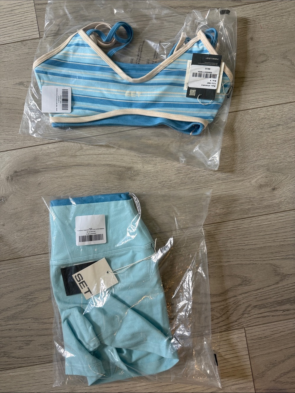 SET Active Light Blue Striped layered bra & two tone Aqua layered Shorts Set